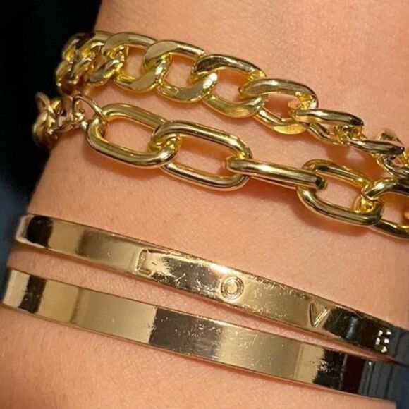 Unisex LOVE Men Women Gold Over Silver Chunky Gold Link Bangle Set - Picture 9 of 13